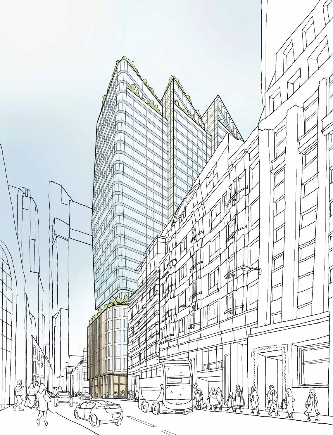 A sketch of the proposed new building, looking North from Gracechurch Street